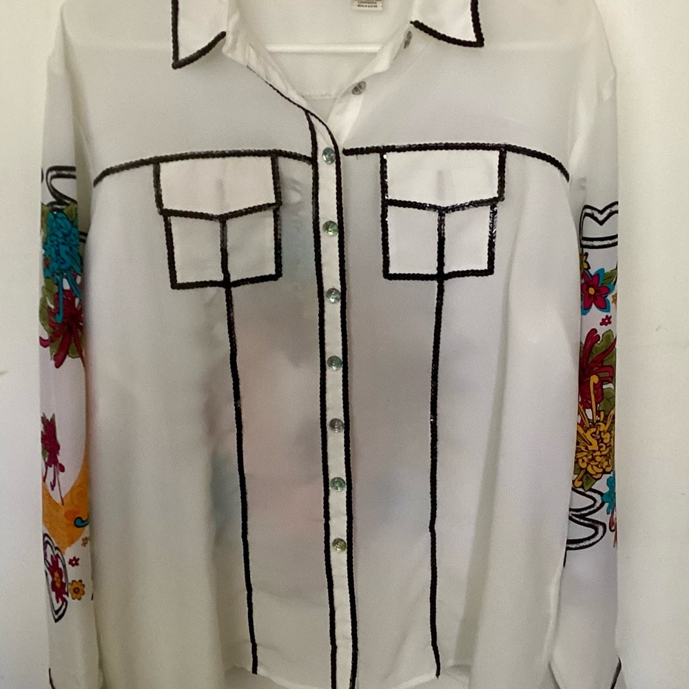 Wrangler Women's White Button Down Shirt with Colorful Accents